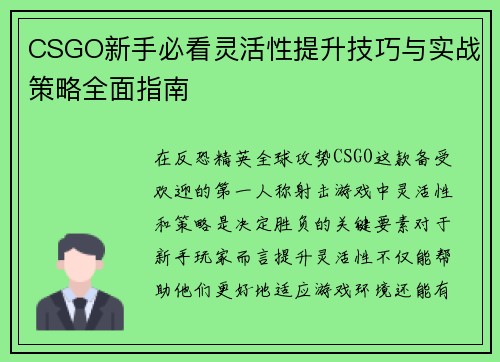CSGO新手必看灵活性提升技巧与实战策略全面指南